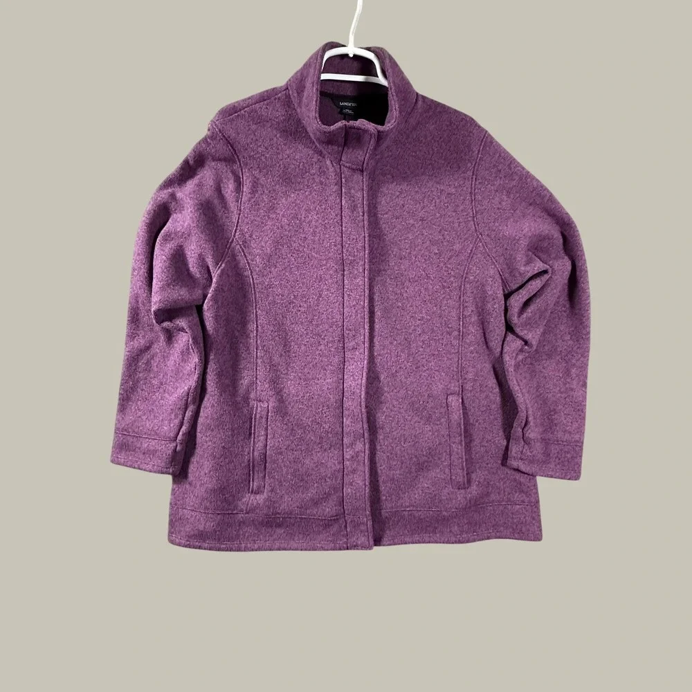 Lands End Womens 2X Purple Heathered Fleece Full Zip Mock Neck Jacket Pockets